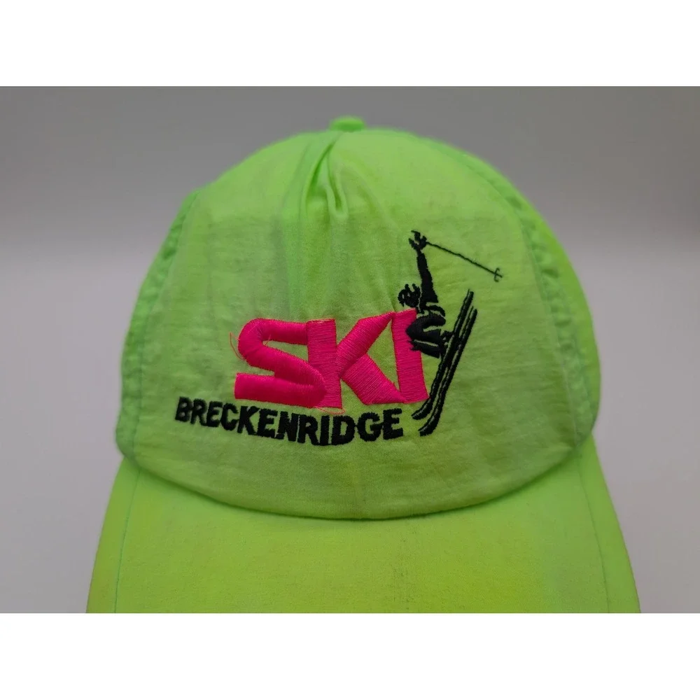 Vintage Breckenridge Ski Hat Neon Green Snapback Pink Embroidery Retro Cap